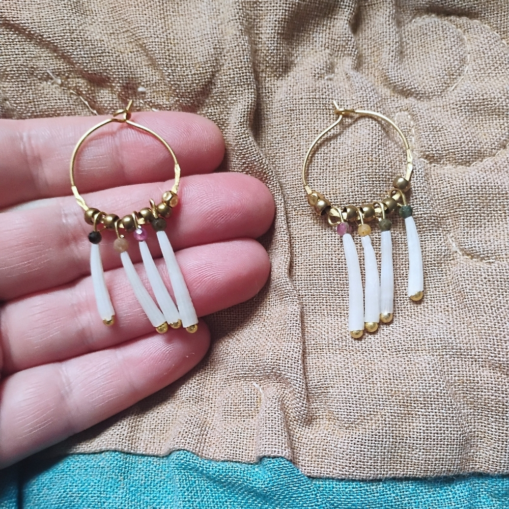 Handmade Tusk Shell And Tourmaline Hoops - Picture 3 of 5